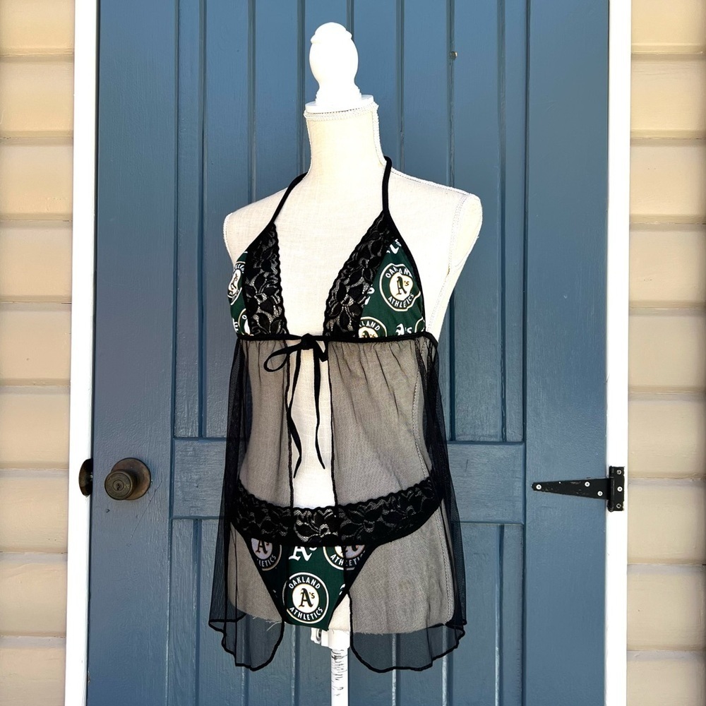 Oakland Athletics mesh Lace Babydoll Lingerie Set w/G-string black and green